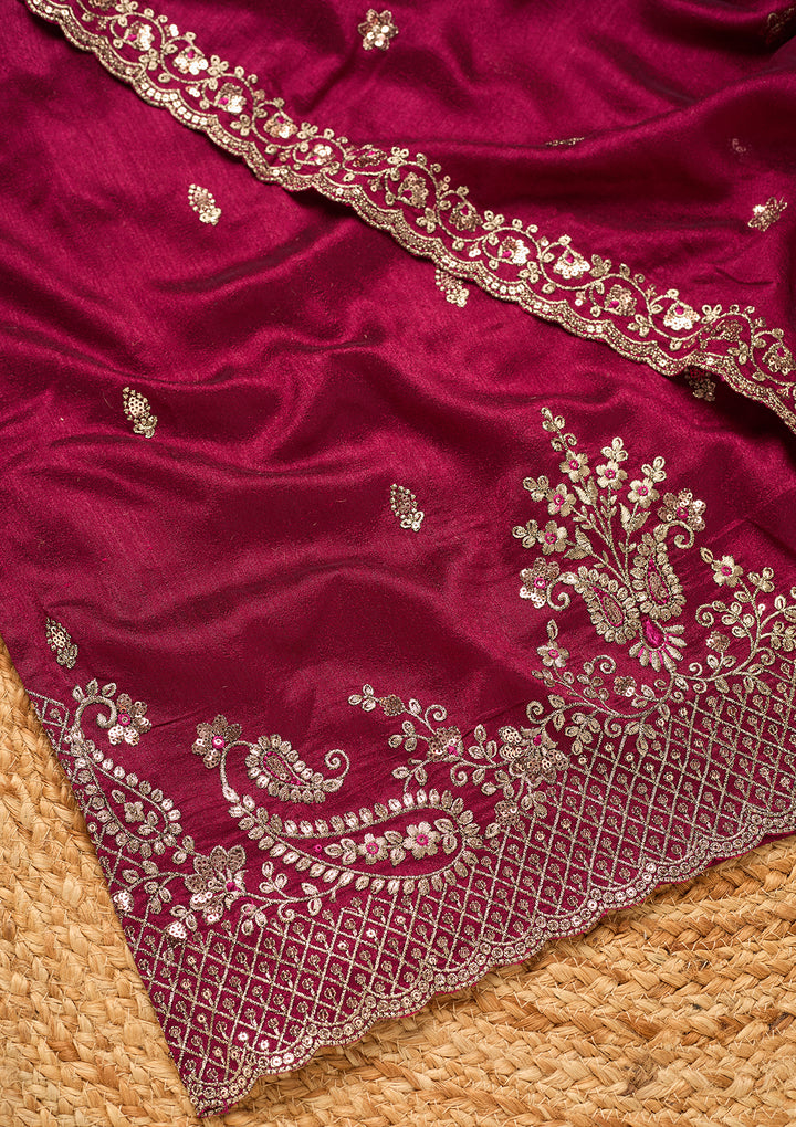 Wine Soft Raw Silk Antique Zariwork Straight Kurta With Sharara And Dupatta