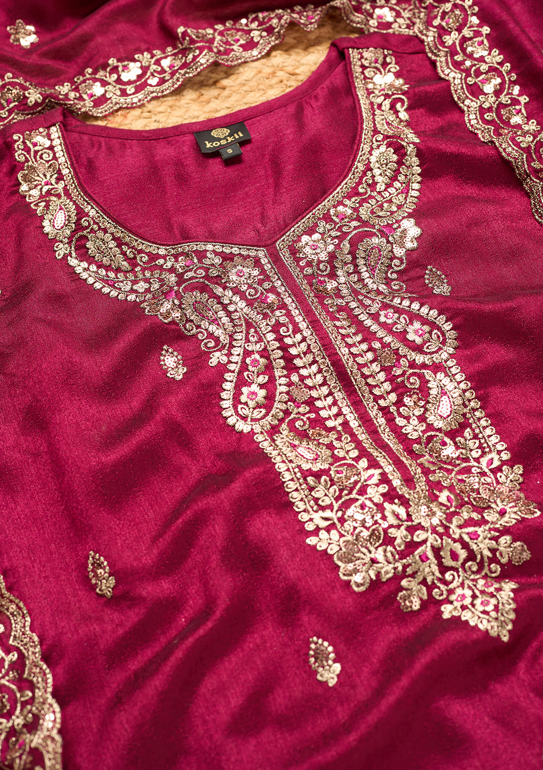 Wine Soft Raw Silk Antique Zariwork Straight Kurta With Sharara And Dupatta