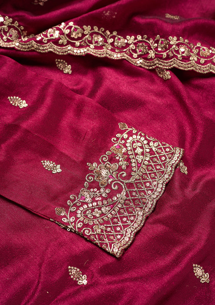 Wine Soft Raw Silk Antique Zariwork Straight Kurta With Sharara And Dupatta