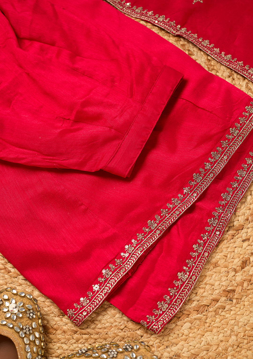 Rani Pink Soft Raw Silk Antique Zariwork A Line Kurta With Pant Regular And Dupatta