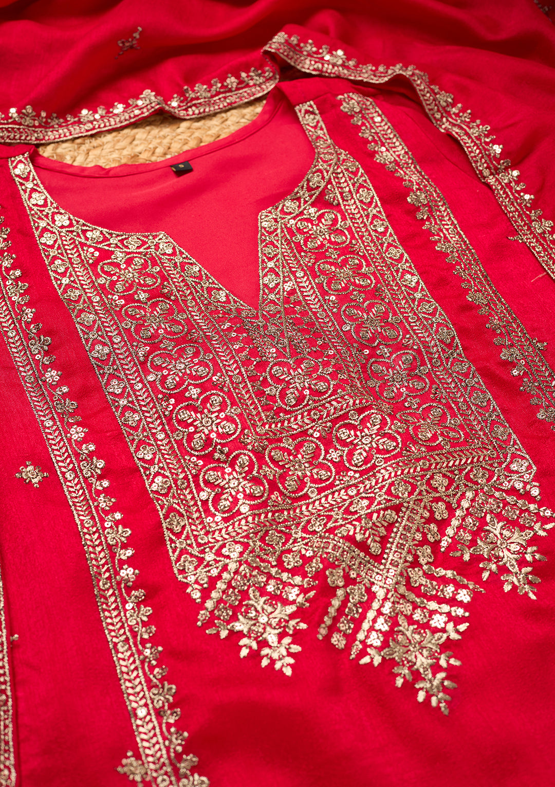 Rani Pink Soft Raw Silk Antique Zariwork A Line Kurta With Pant Regular And Dupatta