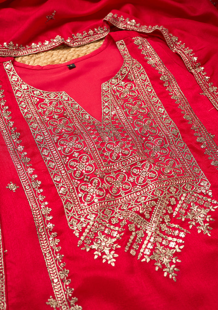Rani Pink Soft Raw Silk Antique Zariwork A Line Kurta With Pant Regular And Dupatta