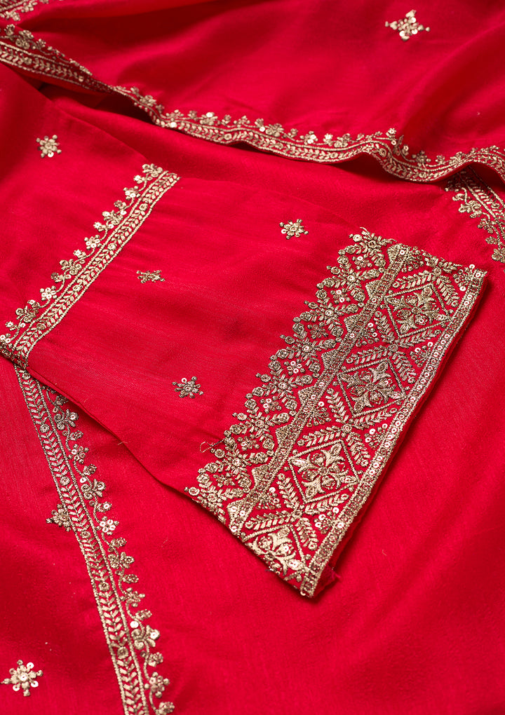 Rani Pink Soft Raw Silk Antique Zariwork A Line Kurta With Pant Regular And Dupatta