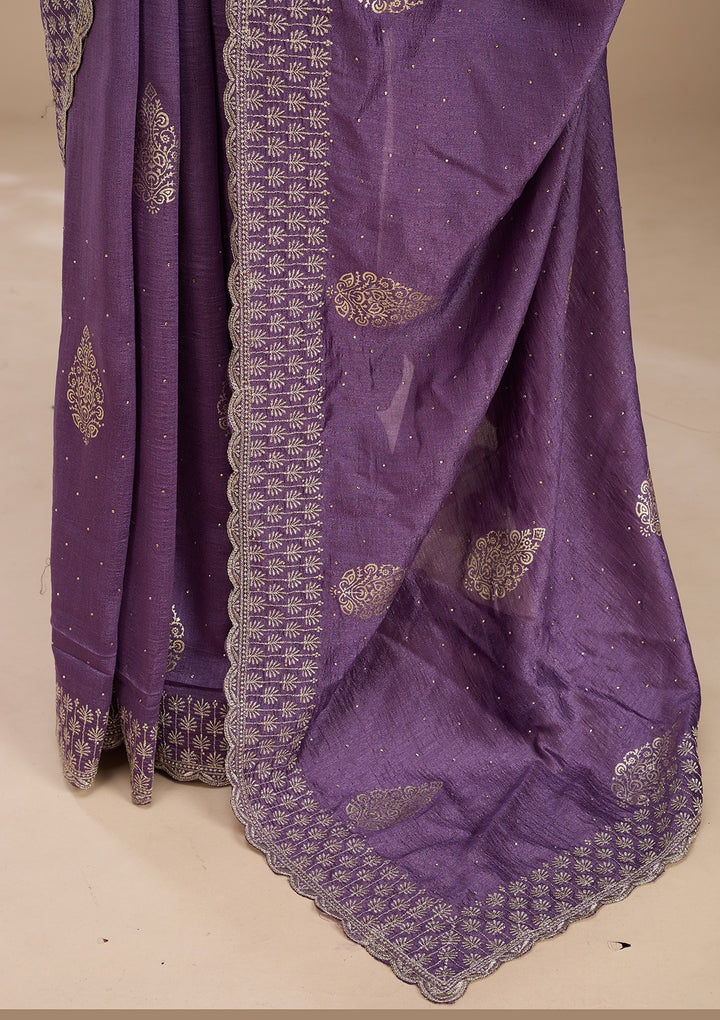 Lavender Soft Raw Silk Floral Gold Zariwork Saree With Matching Blouse Piece