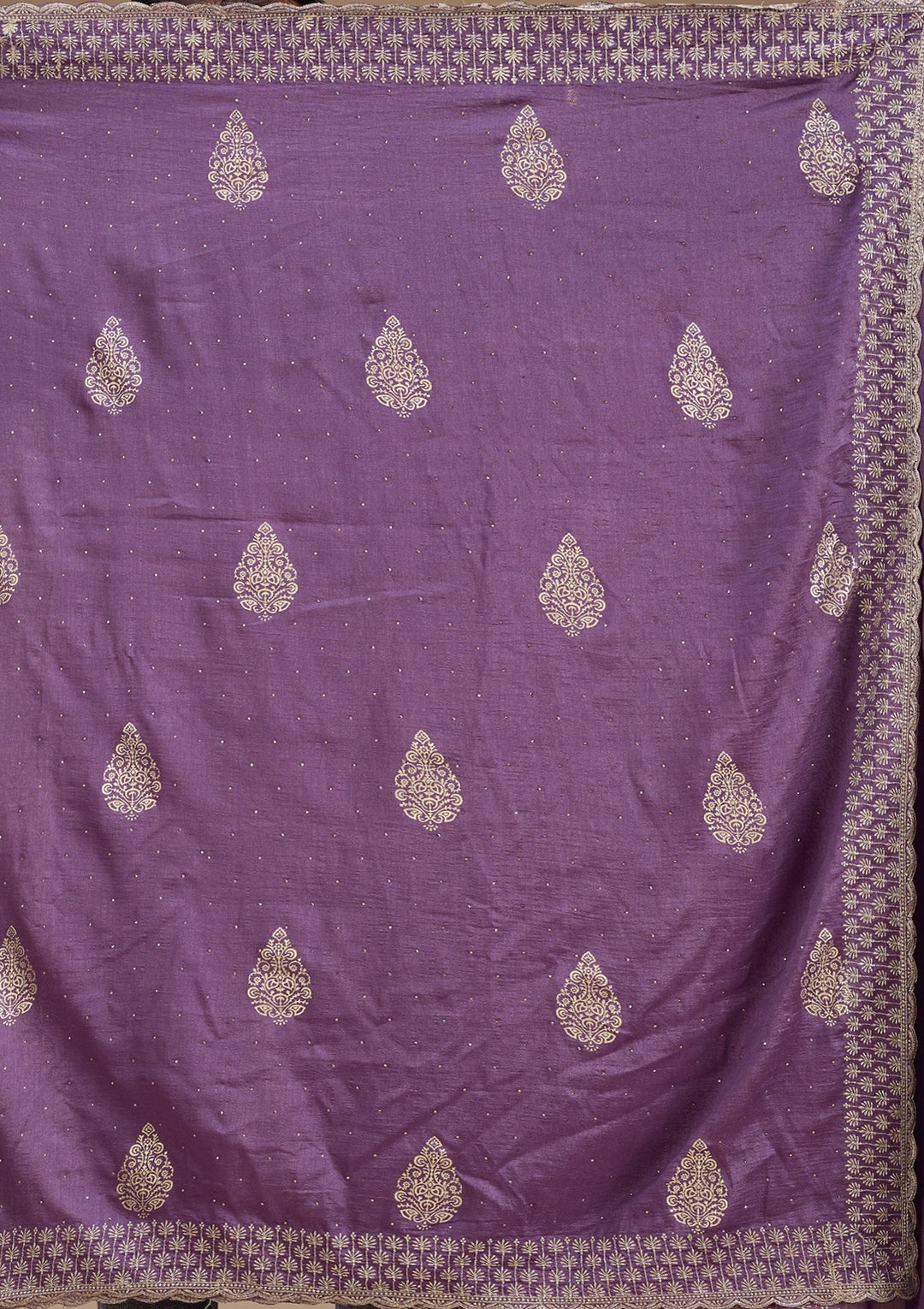 Lavender Soft Raw Silk Floral Gold Zariwork Saree With Matching Blouse Piece