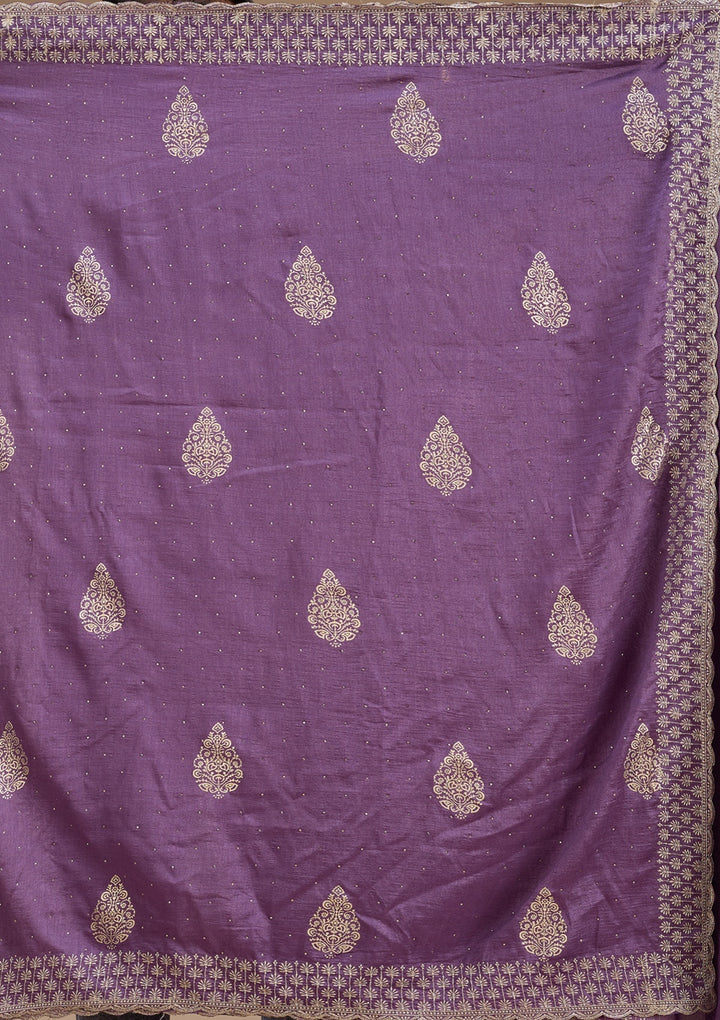 Lavender Soft Raw Silk Floral Gold Zariwork Saree With Matching Blouse Piece