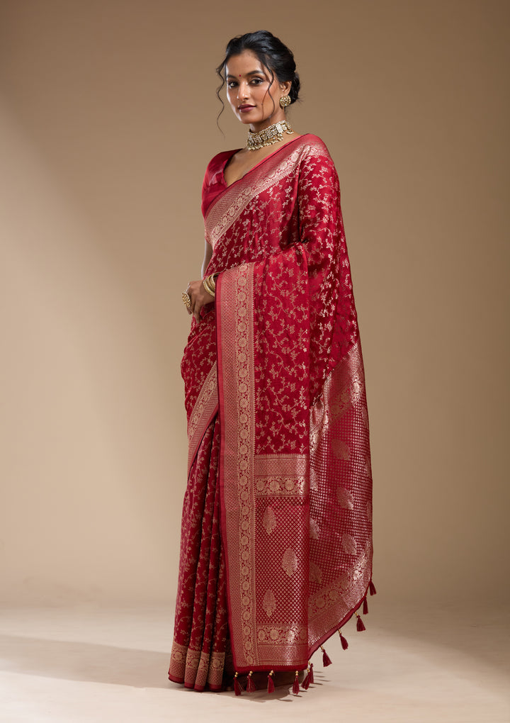 Maroon Zariwork (Gold) Satin Silk Saree