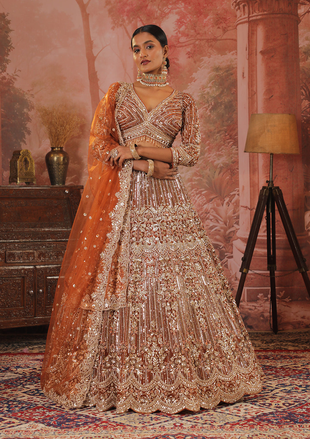 Rust Sequins Net Readymade Lehenga