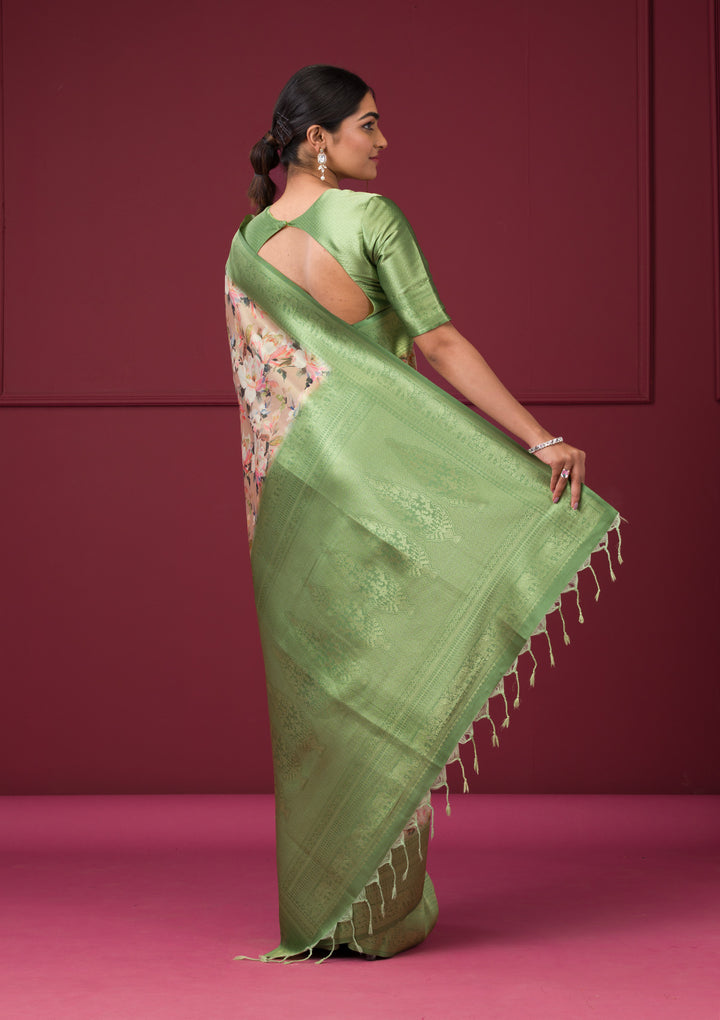 Beige Silk Kanjivaram Printed Saree With Matching Blouse Piece