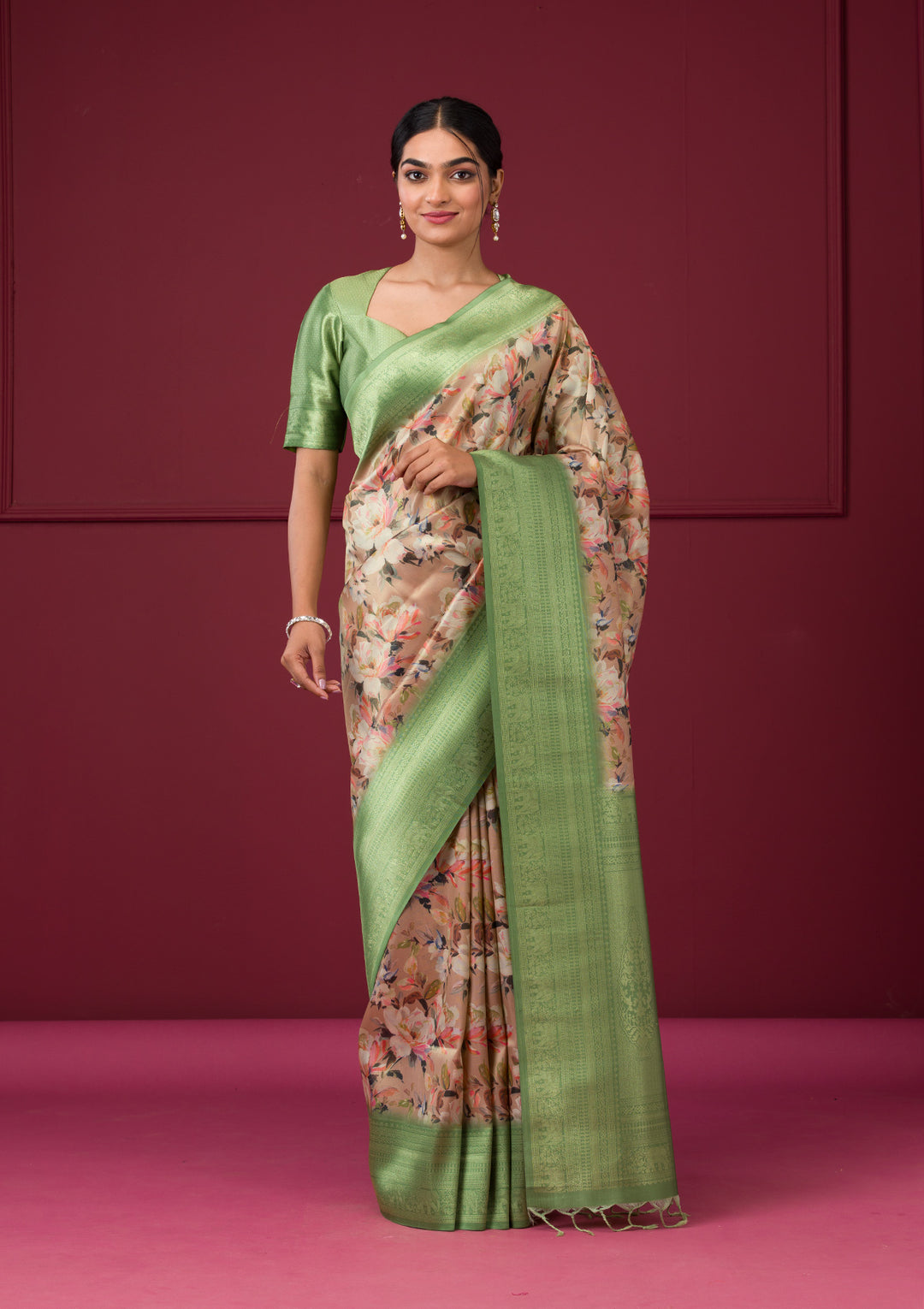 Beige Silk Kanjivaram Printed Saree With Matching Blouse Piece