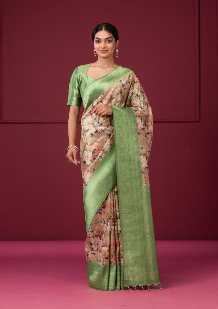 Beige Silk Kanjivaram Printed Saree With Matching Blouse Piece