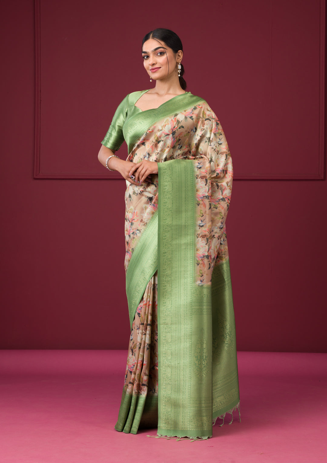 Beige Silk Kanjivaram Printed Saree With Matching Blouse Piece