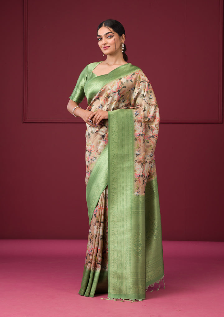 Beige Silk Kanjivaram Printed Saree With Matching Blouse Piece