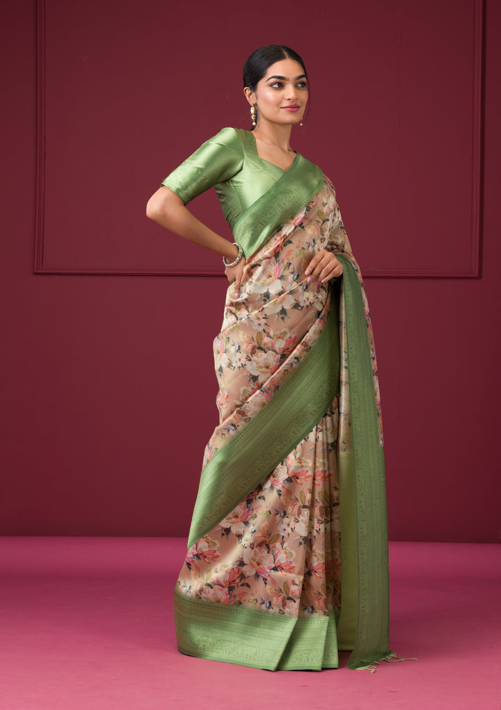 Beige Silk Kanjivaram Printed Saree With Matching Blouse Piece