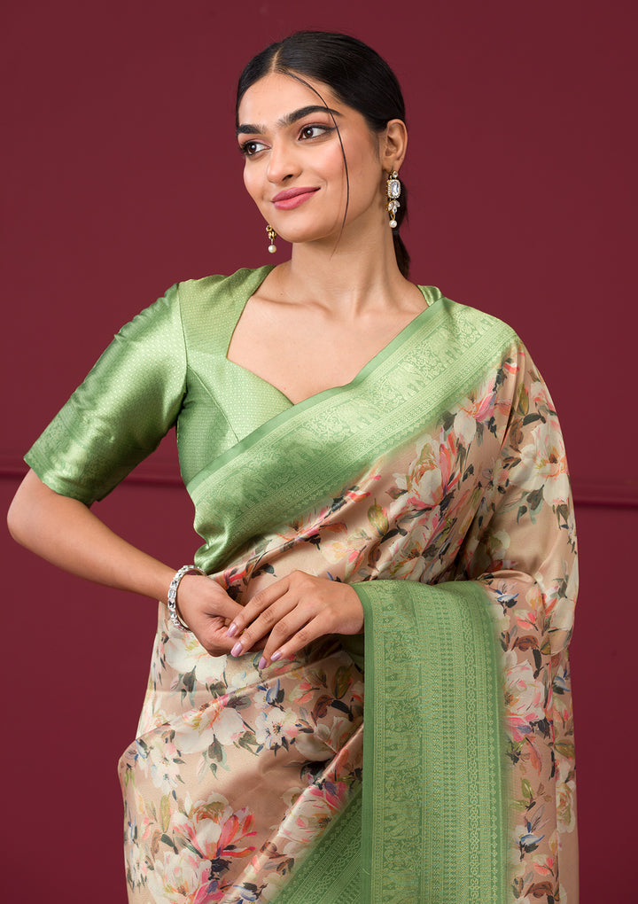 Beige Silk Kanjivaram Printed Saree With Matching Blouse Piece