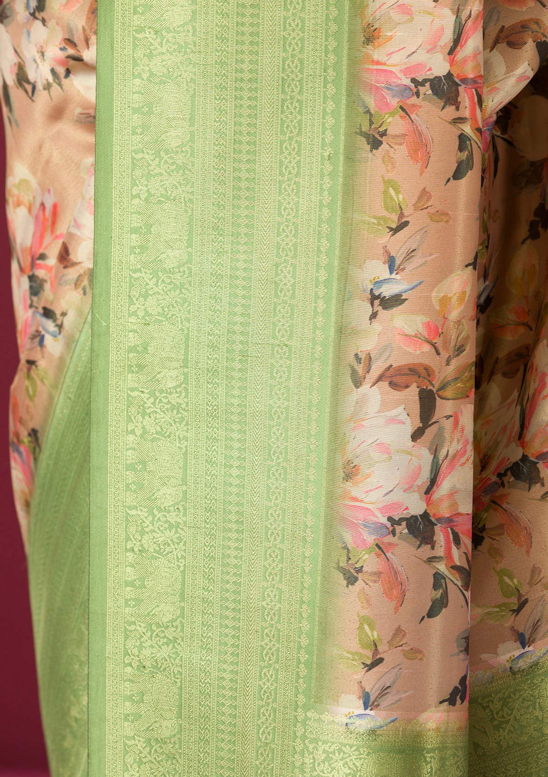 Beige Silk Kanjivaram Printed Saree With Matching Blouse Piece