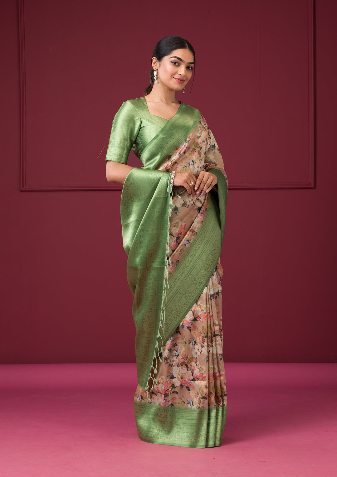 Beige Silk Kanjivaram Printed Saree With Matching Blouse Piece