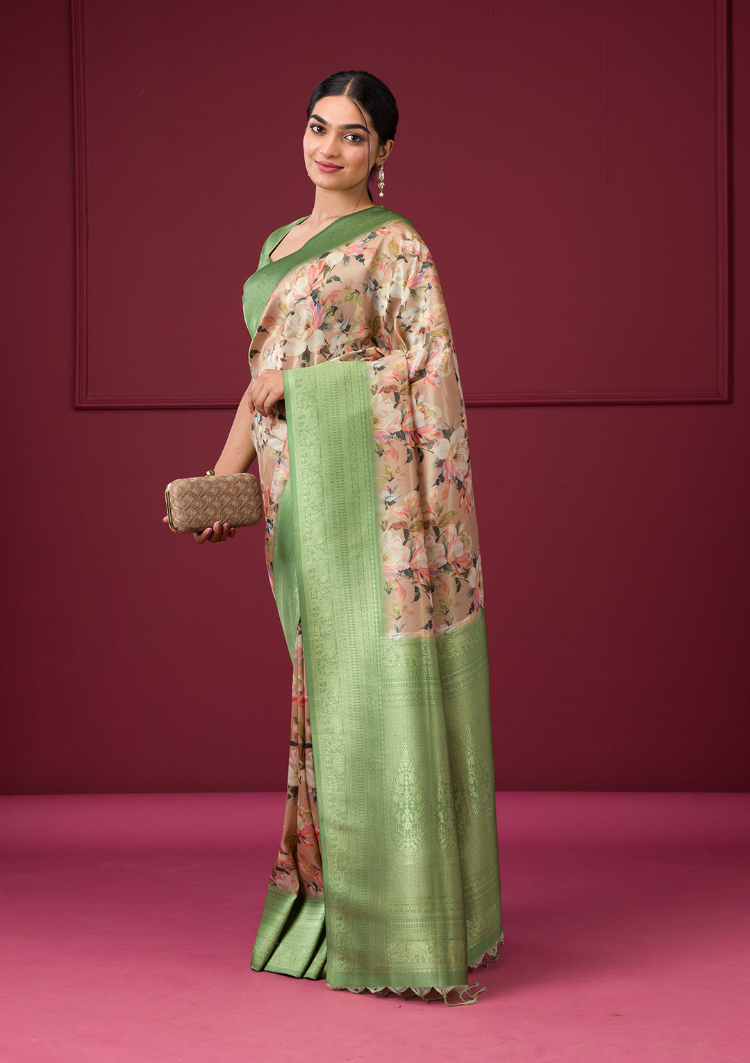 Beige Silk Kanjivaram Printed Saree With Matching Blouse Piece