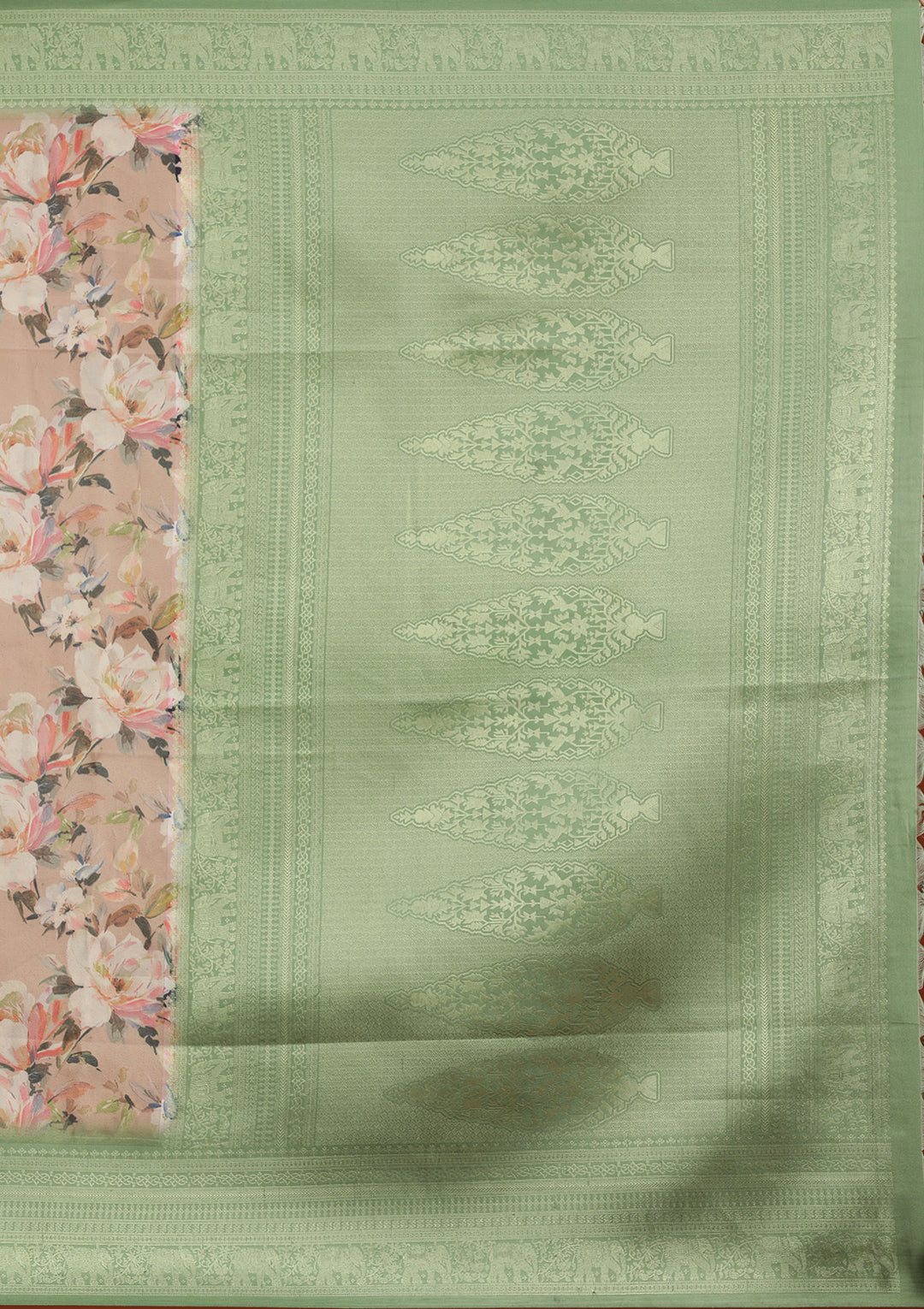 Beige Silk Kanjivaram Printed Saree With Matching Blouse Piece