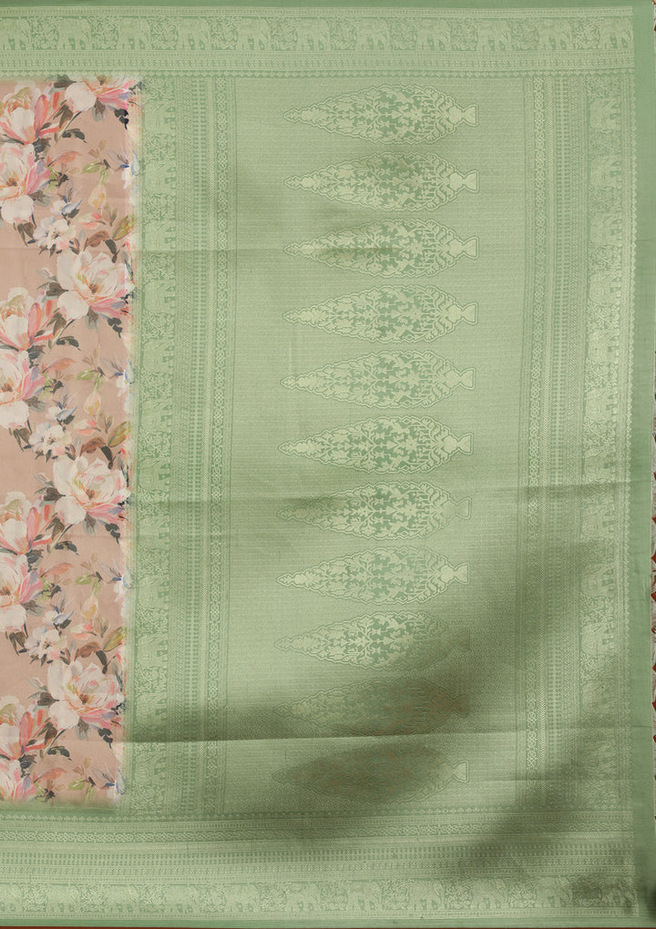Beige Silk Kanjivaram Printed Saree With Matching Blouse Piece