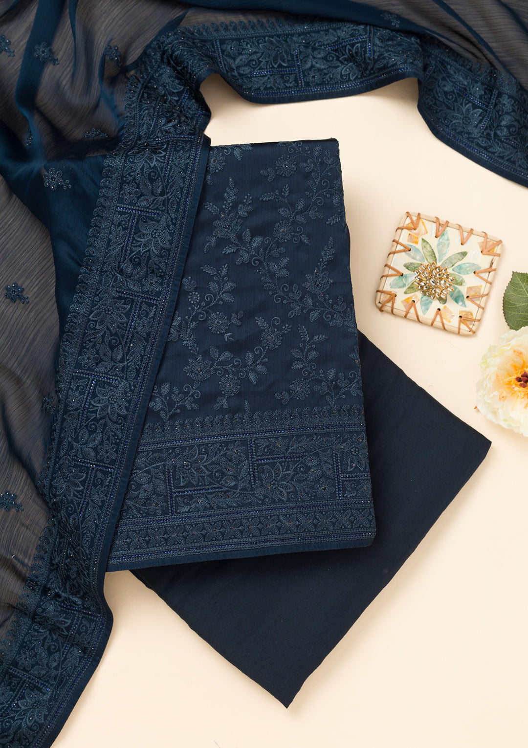 Peacock Blue Crepe Swarovski Unstitched Dress Material With Matching Bottom And Dupatta