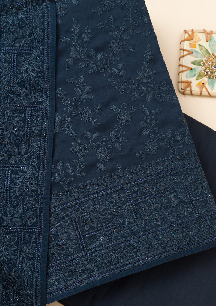 Peacock Blue Crepe Swarovski Unstitched Dress Material With Matching Bottom And Dupatta