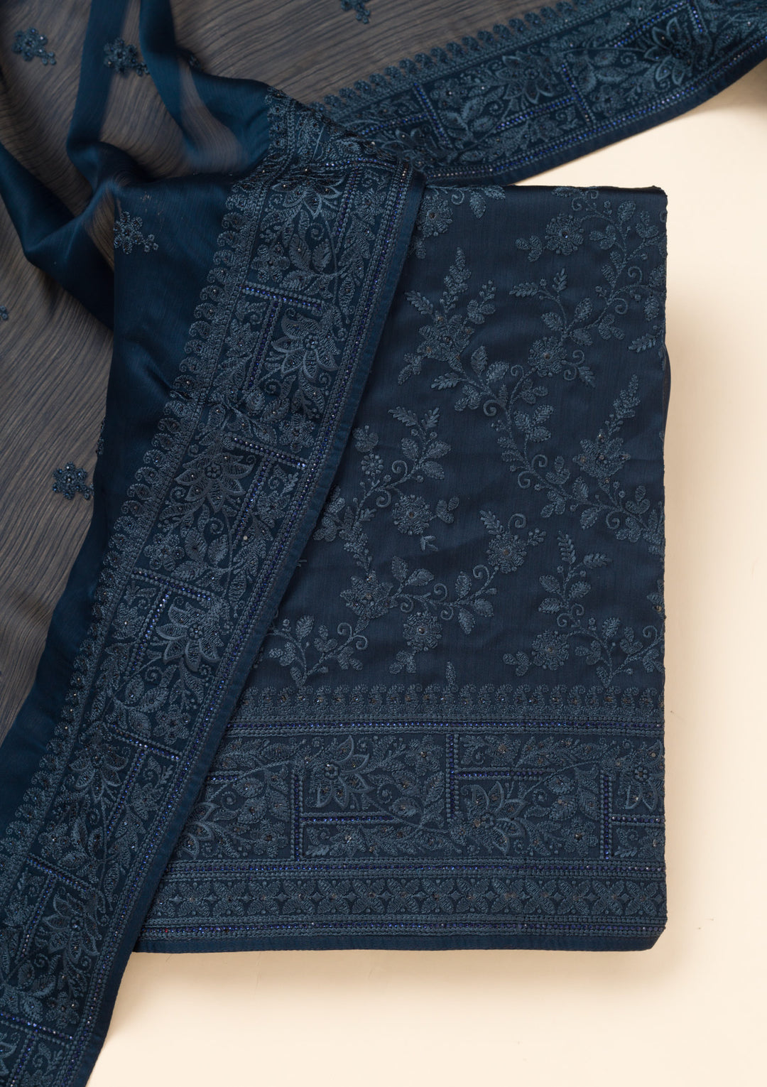 Peacock Blue Crepe Swarovski Unstitched Dress Material With Matching Bottom And Dupatta