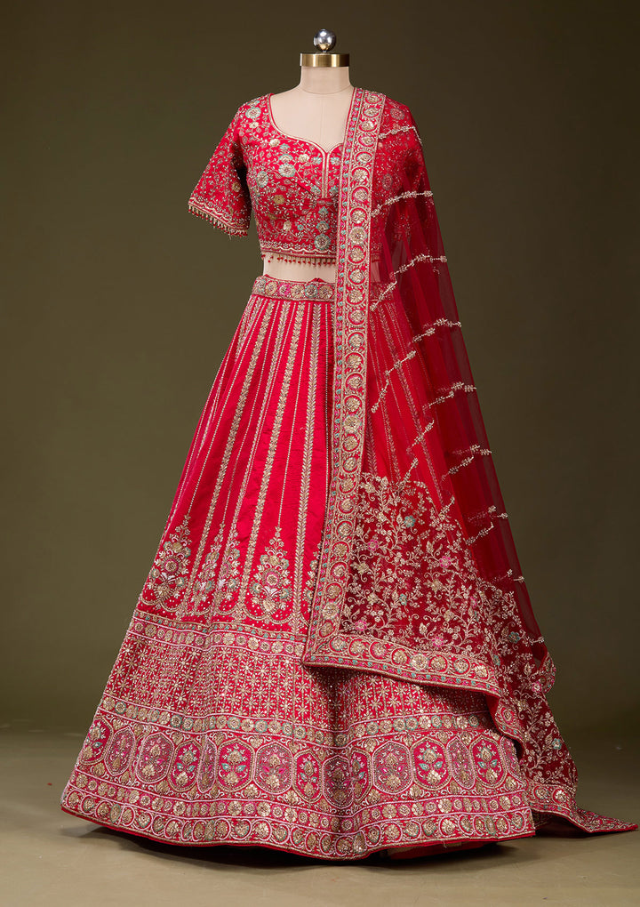 Red Zardosi Raw Silk Readymade Lehenga
