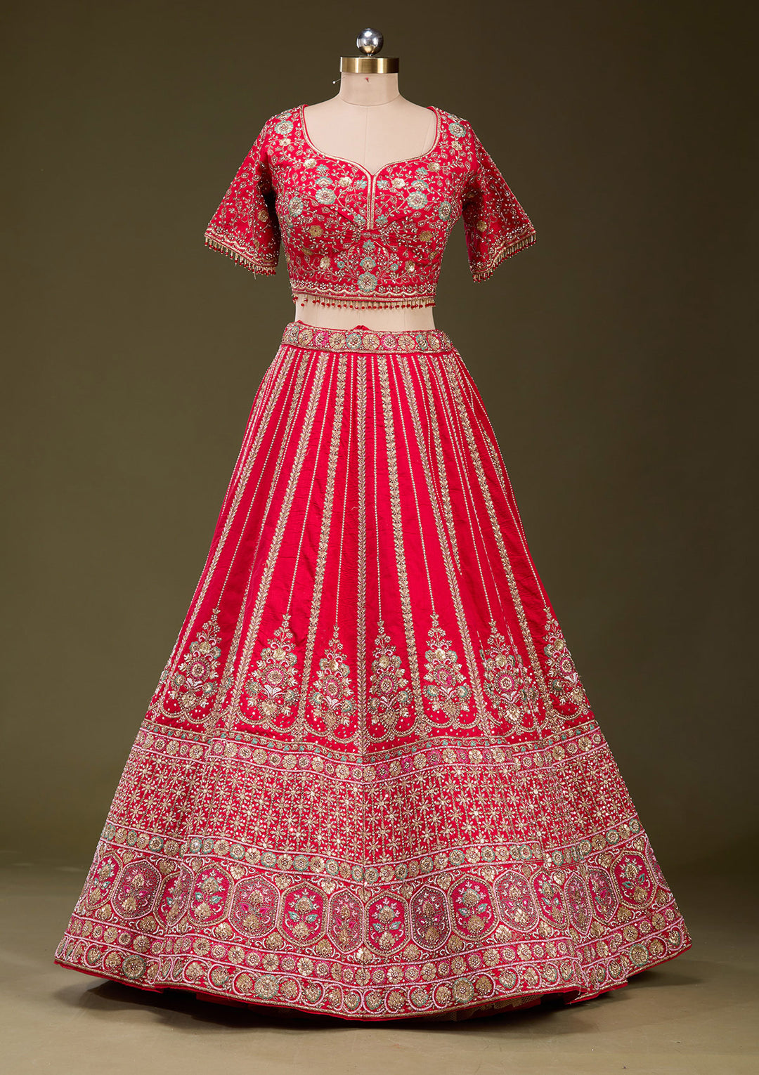 Red Zardosi Raw Silk Readymade Lehenga