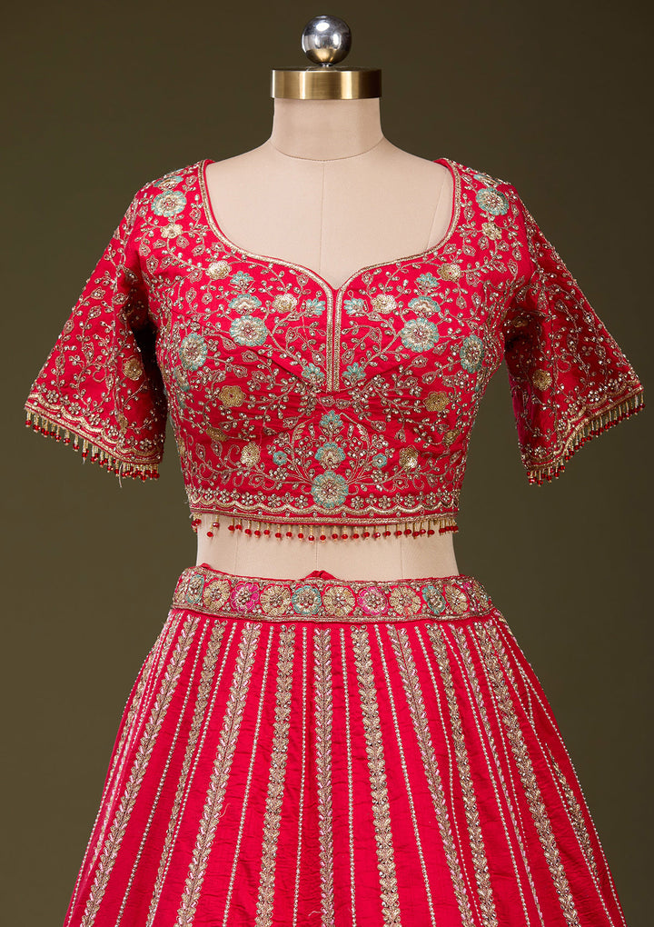 Red Zardosi Raw Silk Readymade Lehenga