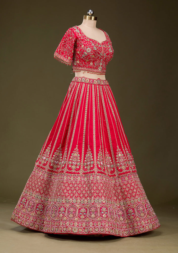 Red Zardosi Raw Silk Readymade Lehenga