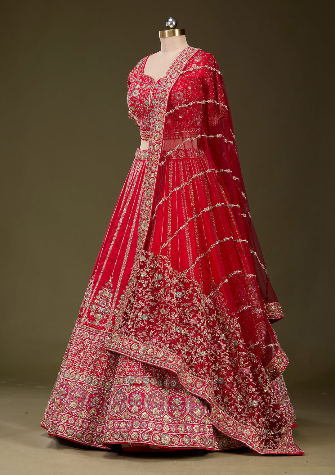 Red Zardosi Raw Silk Readymade Lehenga
