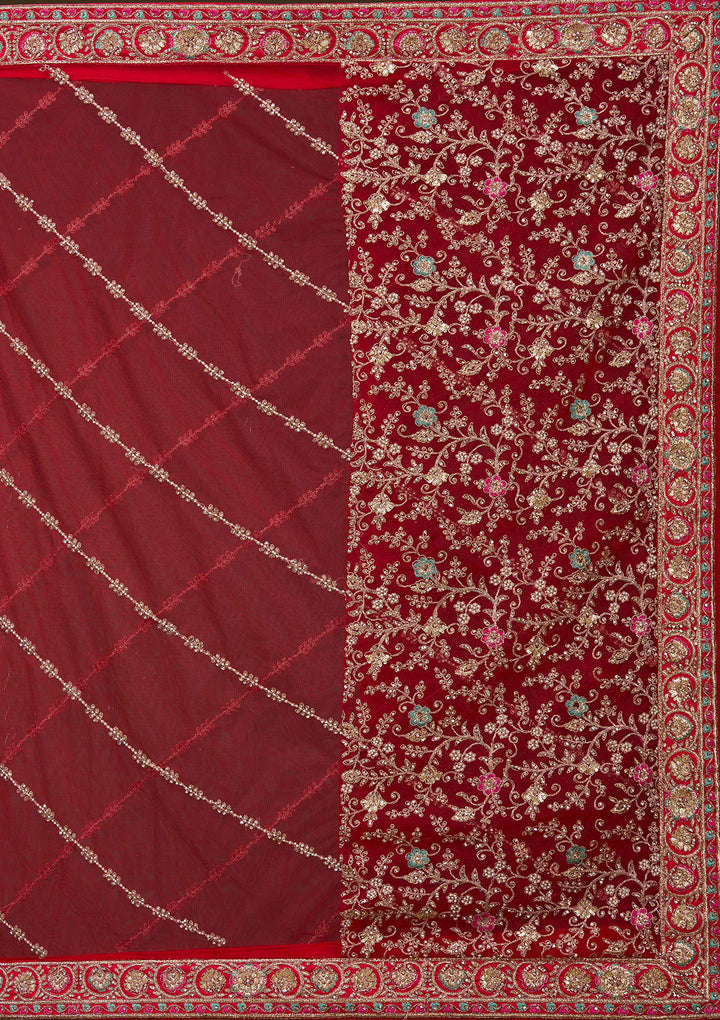 Red Zardosi Raw Silk Readymade Lehenga