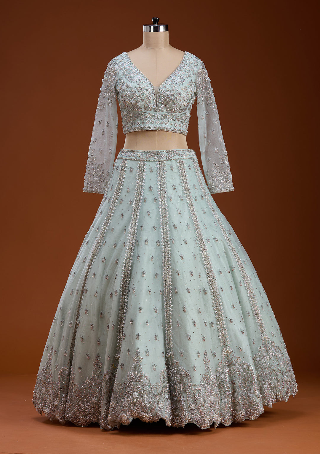 Koskii Net Sky Blue Lehenga – Embellished with Zariwork for Elegant Evenings