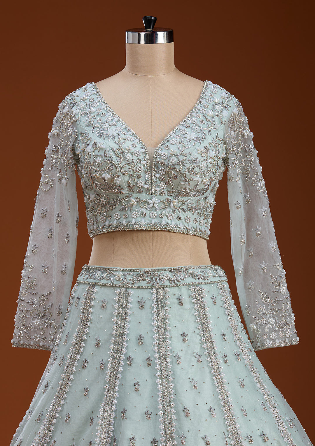 Koskii Net Sky Blue Lehenga – Embellished with Zariwork for Elegant Evenings