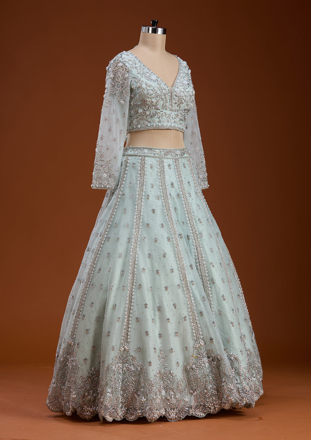 Koskii Net Sky Blue Lehenga – Embellished with Zariwork for Elegant Evenings
