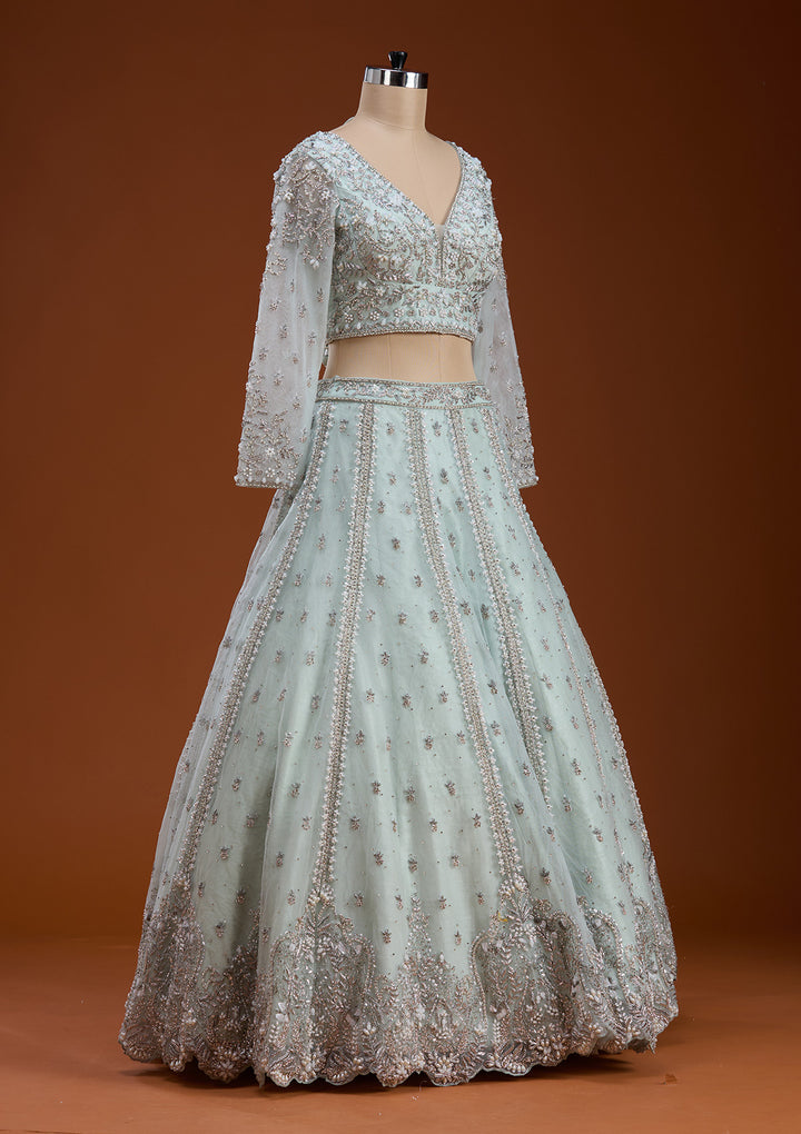 Koskii Net Sky Blue Lehenga – Embellished with Zariwork for Elegant Evenings