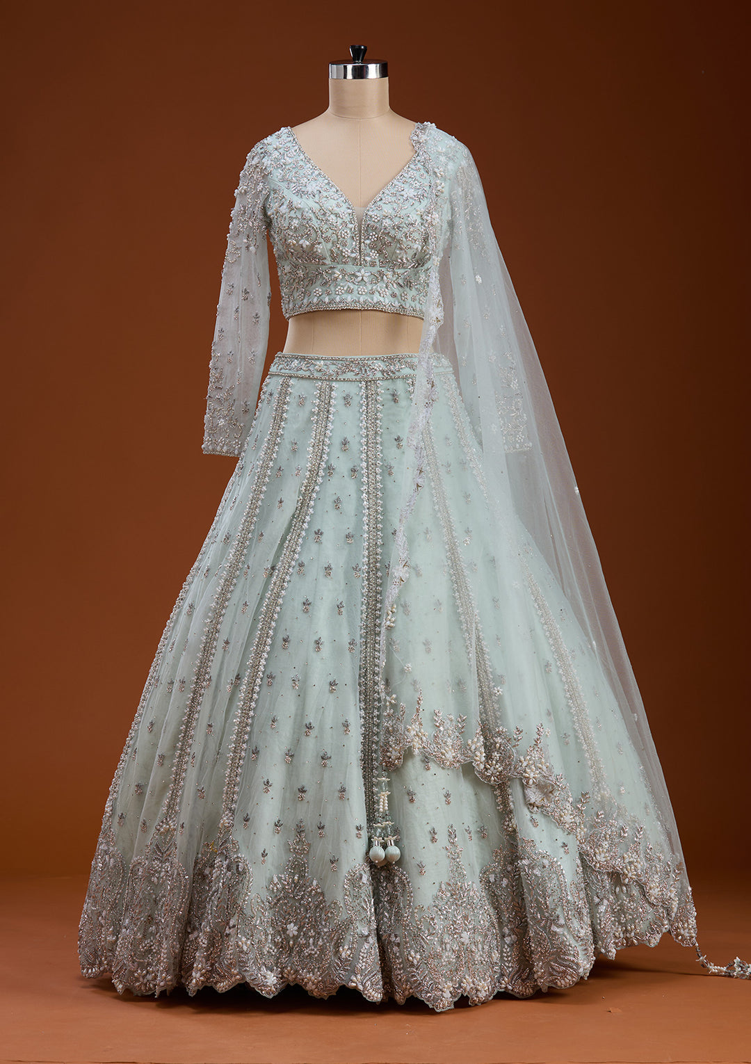Koskii Net Sky Blue Lehenga – Embellished with Zariwork for Elegant Evenings