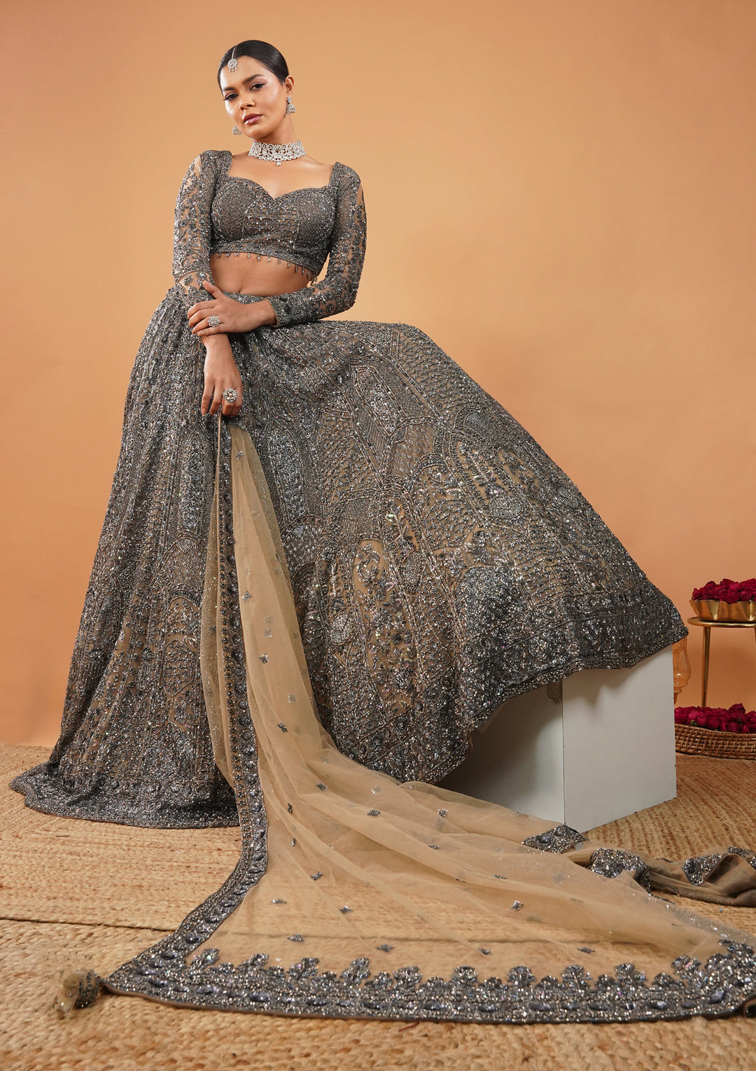 Cream Stonework Net Readymade Lehenga