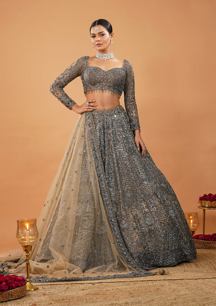 Cream Stonework Net Readymade Lehenga