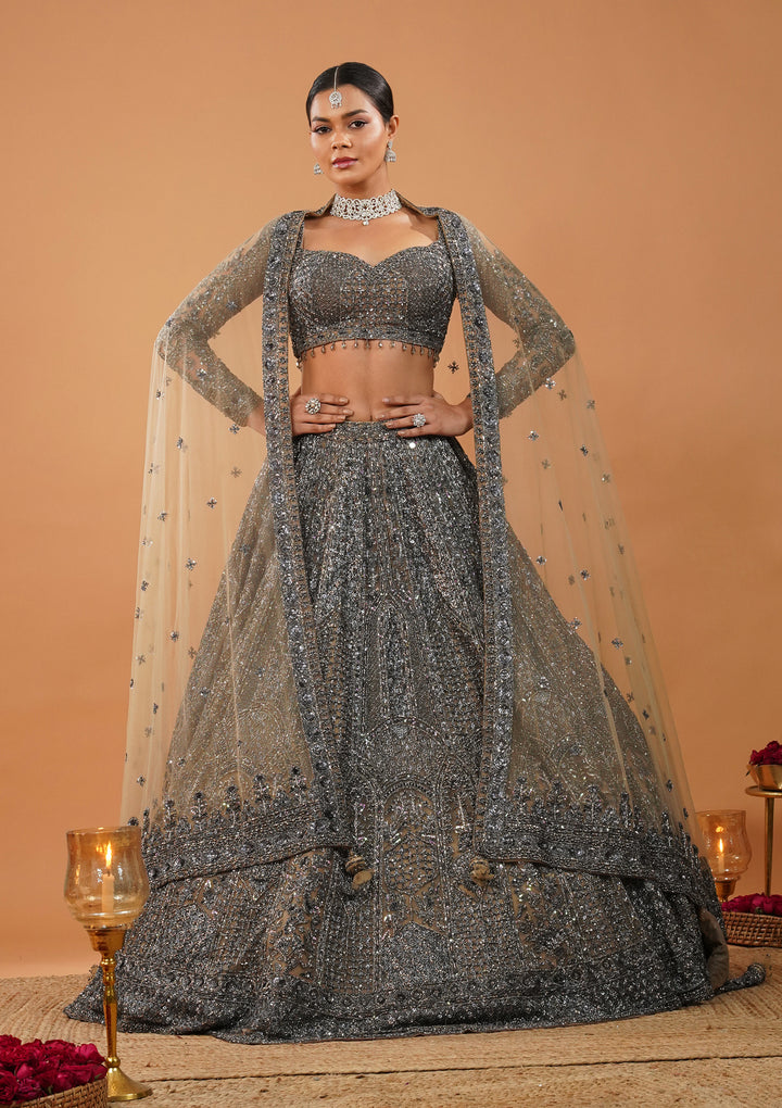 Cream Stonework Net Readymade Lehenga