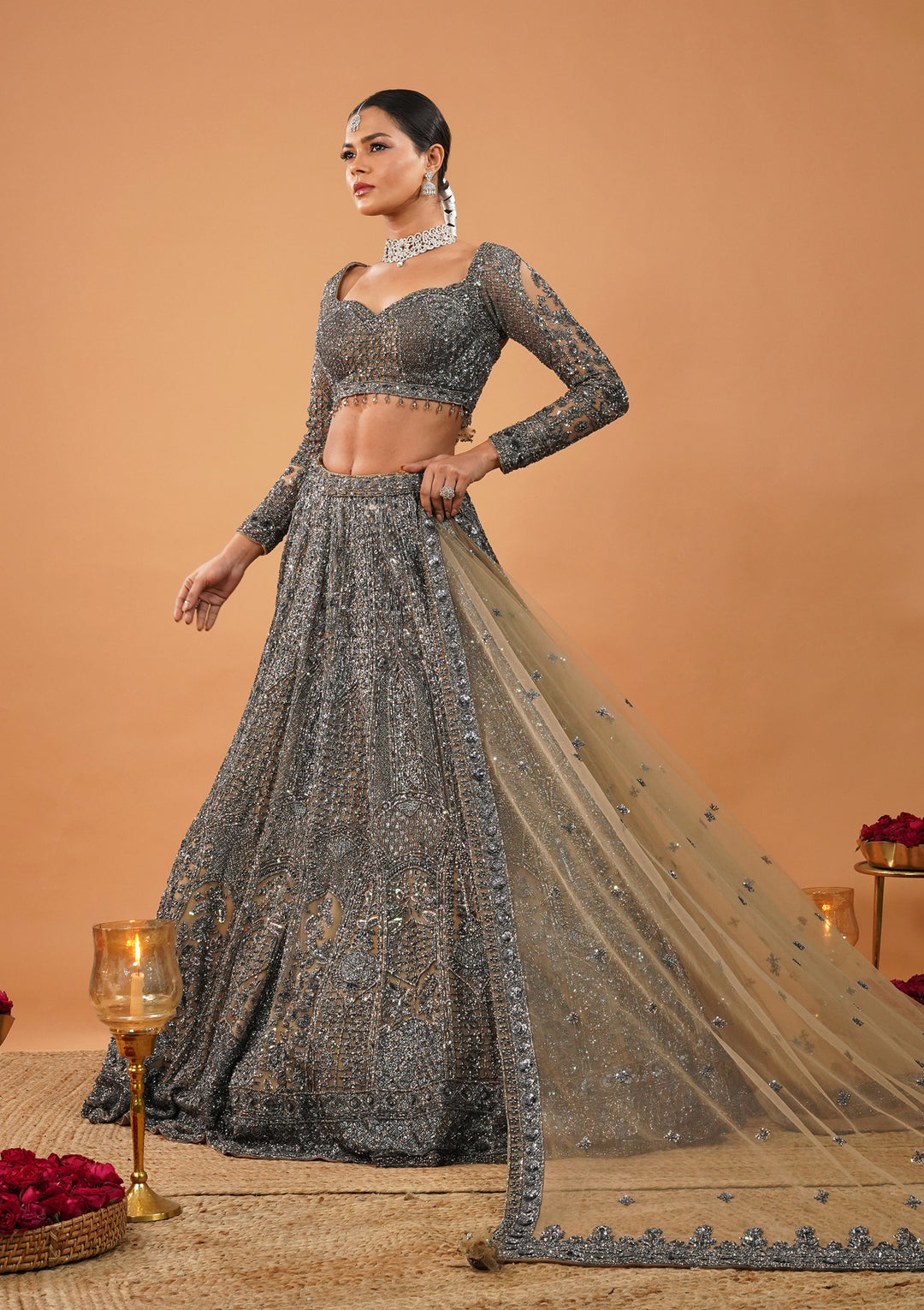 Cream Stonework Net Readymade Lehenga