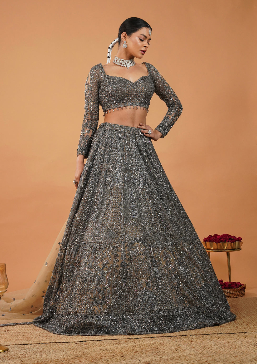 Cream Stonework Net Readymade Lehenga