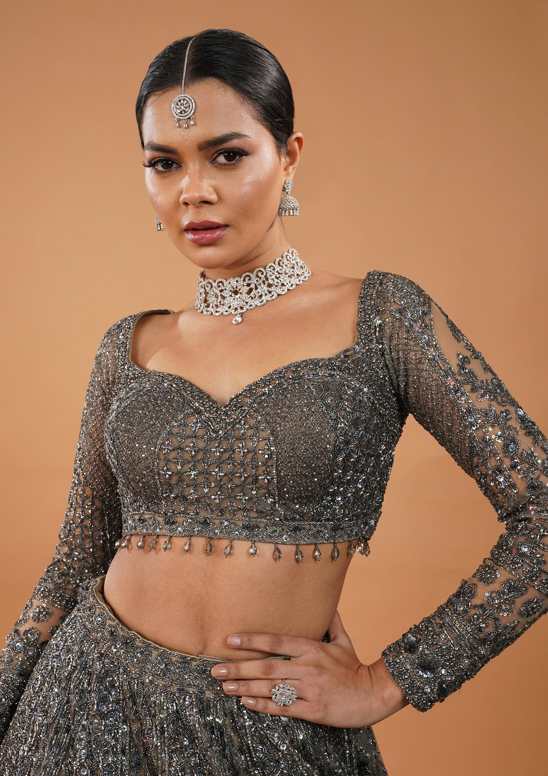 Cream Stonework Net Readymade Lehenga