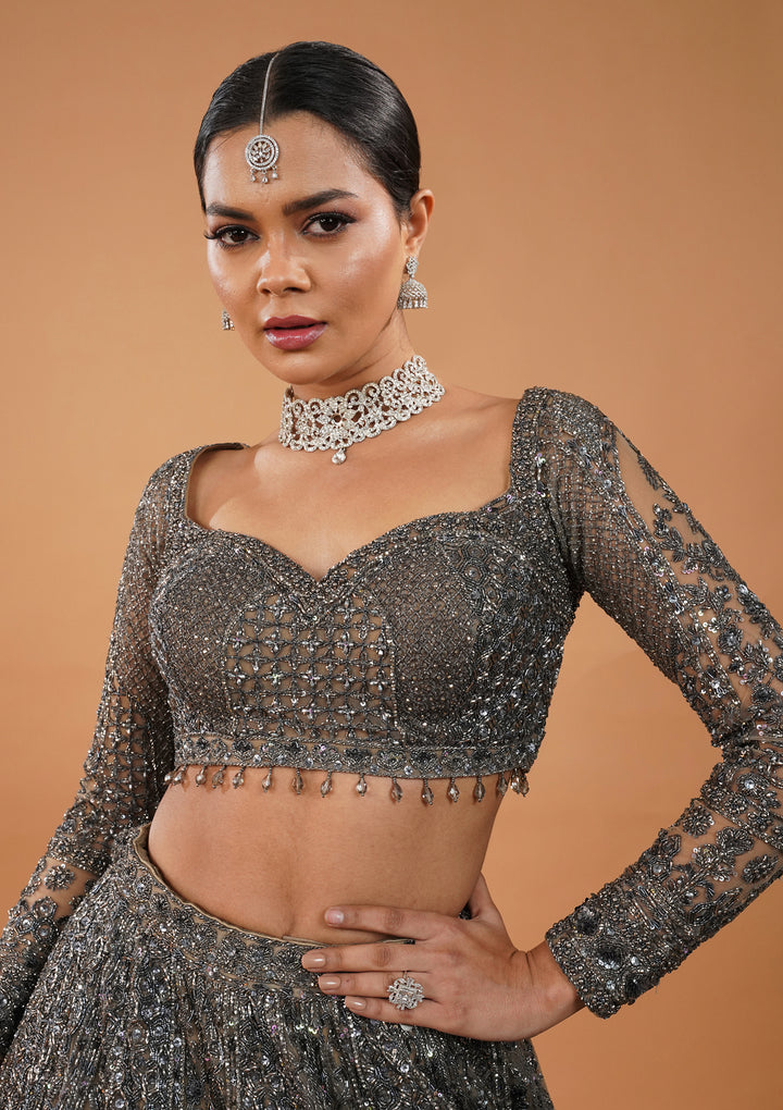 Cream Stonework Net Readymade Lehenga