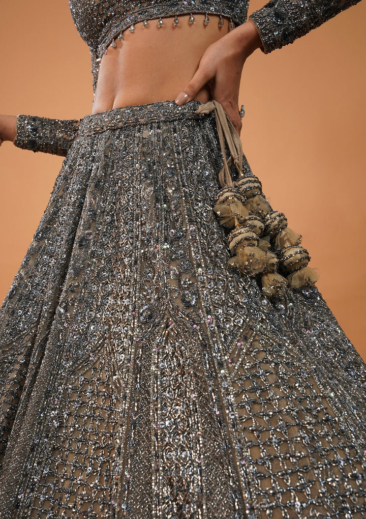 Cream Stonework Net Readymade Lehenga