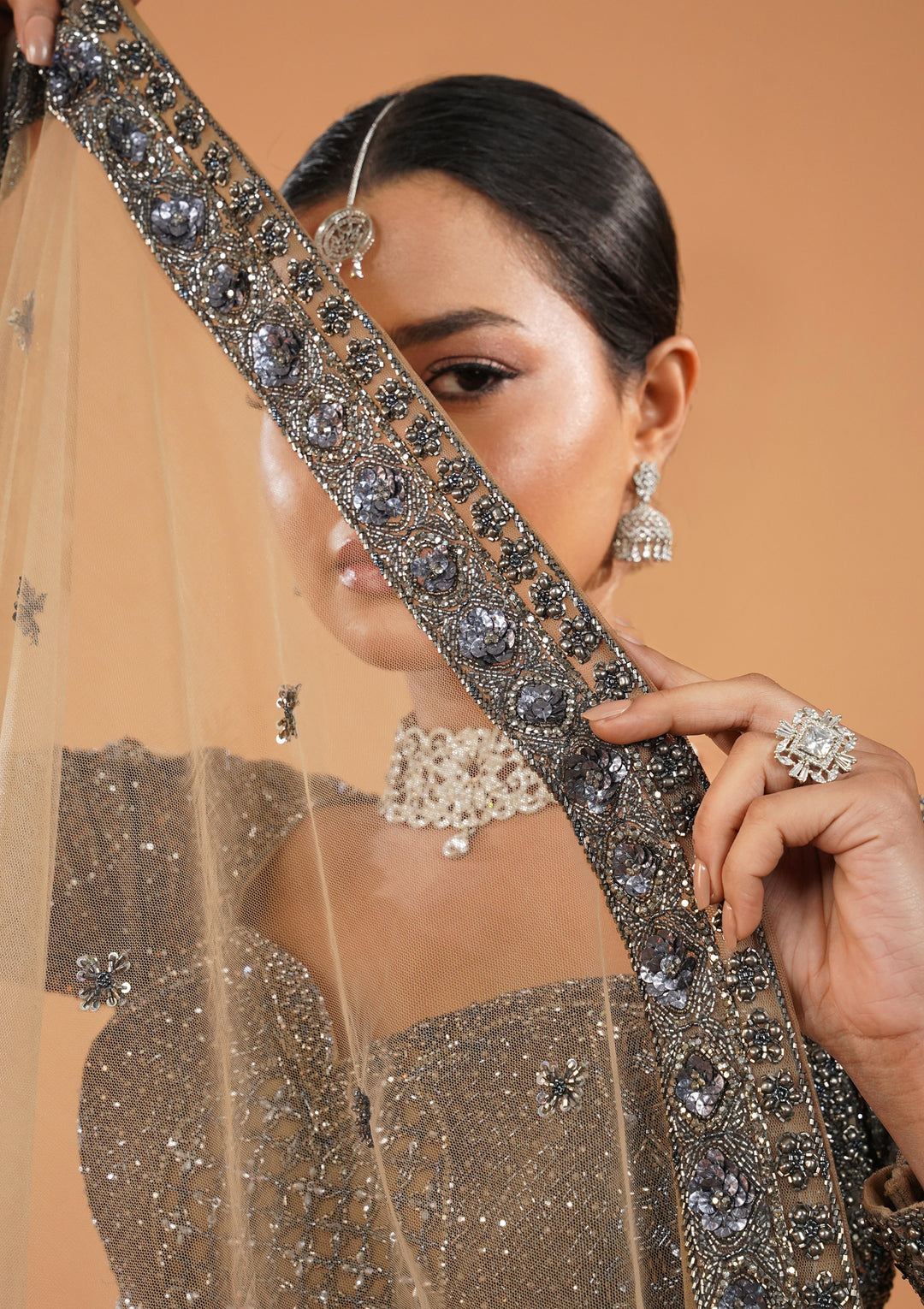 Cream Stonework Net Readymade Lehenga