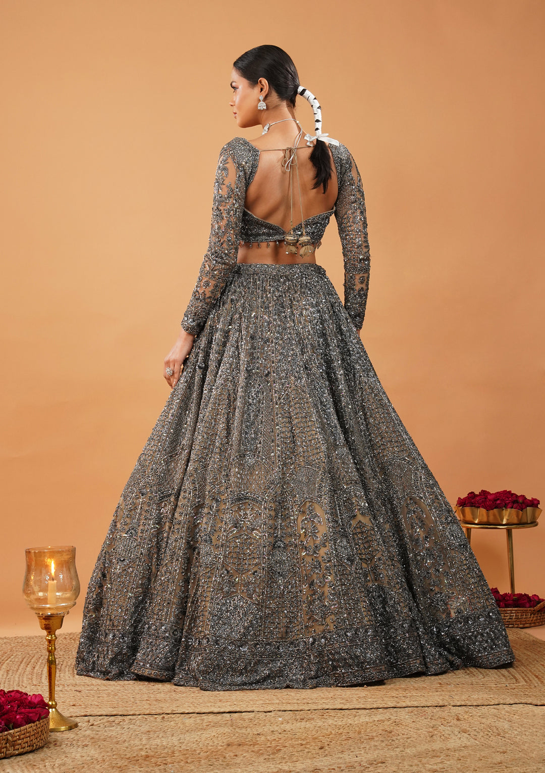 Cream Stonework Net Readymade Lehenga