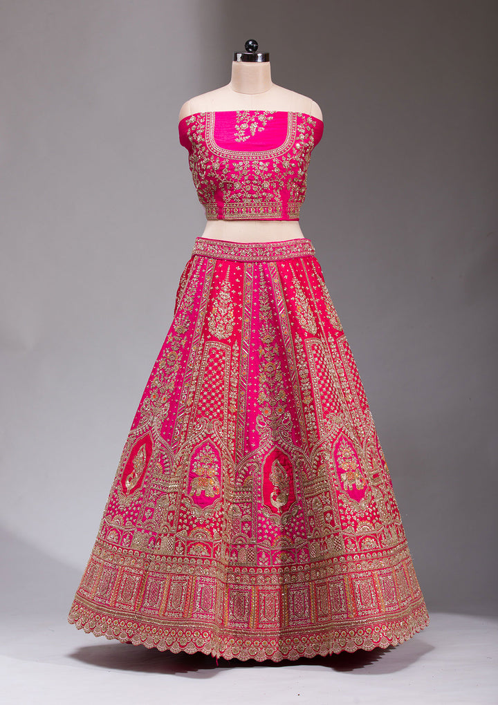 Rani Pink Zardosi Raw Silk Semi Stitched Lehenga