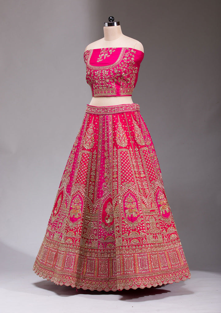 Rani Pink Zardosi Raw Silk Semi Stitched Lehenga